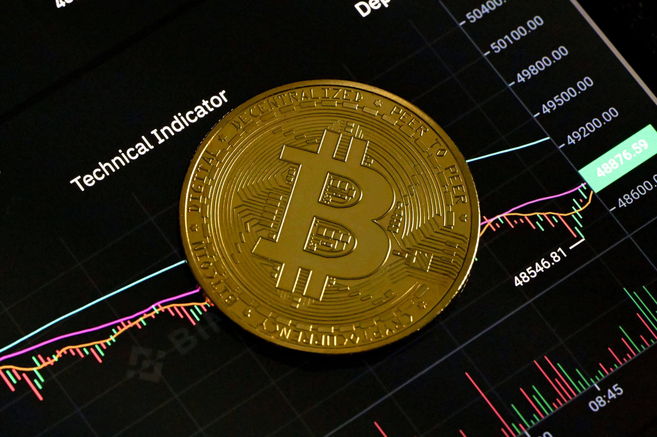 Theo dõi giá Bitcoin Người mới bắt đầu đầu tư Bitcoin đang nghiêm túc theo dõi biểu đồ giá biến động liên tục trên laptop để đưa ra quyết định giao dịch hợp lý.