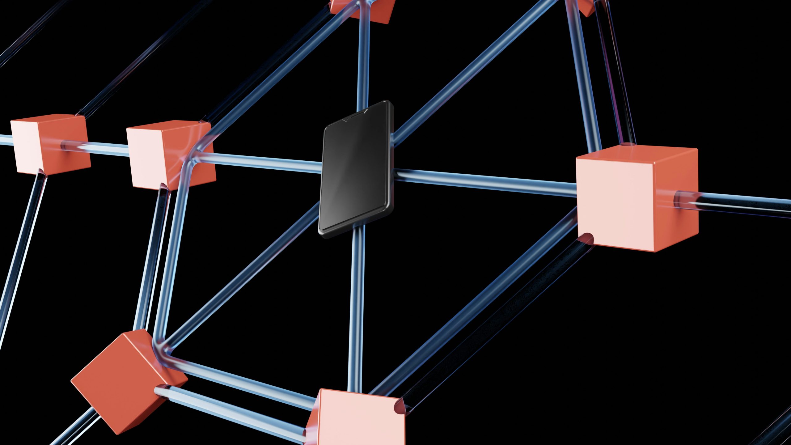 Minh họa trừu tượng các khối kết nối trong chuỗi khối (Blockchain), tượng trưng cho cấu trúc phi tập trung của Bitcoin mà không cần ngân hàng trung ương.